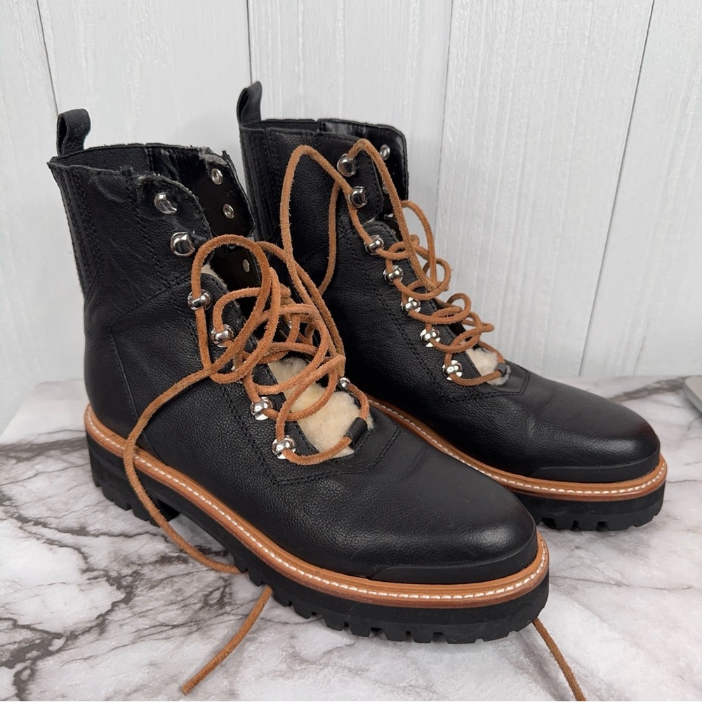 Marc Fisher LTD Izzie Lug Sole Ankle Boots Black Leather Shearling Lined 7.5M